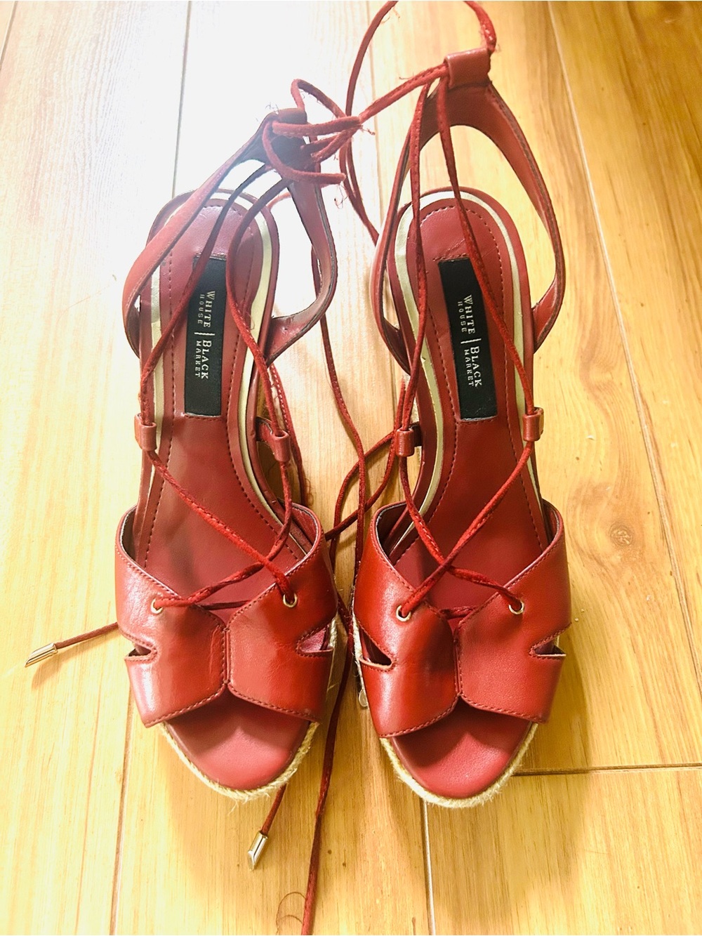 White House Black Market Red Lace-Up Espadrille Wedges